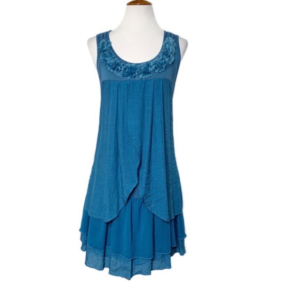 Modcloth Dresses & Skirts - Modcloth Rosette Floral Appliqué Layered Chiffon Tulle Teal Tunic Dress